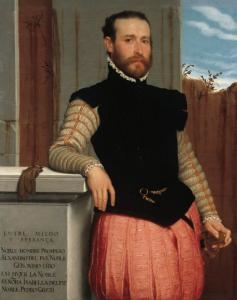 Giovanni Battista Moroni farsetto nero e maniche di seta nel ritratto di Prospero Alessandri 1560