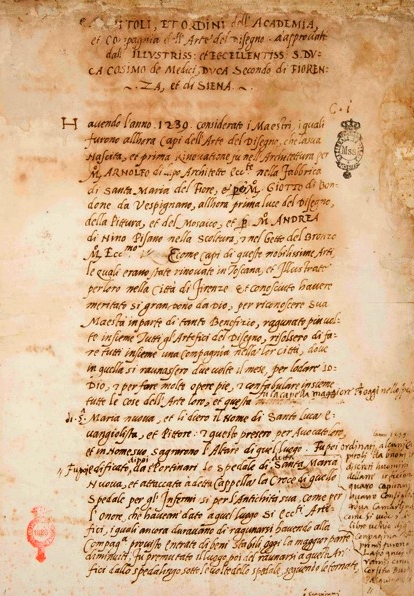 Parte Guelfa Capitoli et ordini dellAcademia et Compagnia dellArte del Disegno 1563. Firenze Biblioteca Nazionale Centrale Magliabechiani mss. II I 39 c