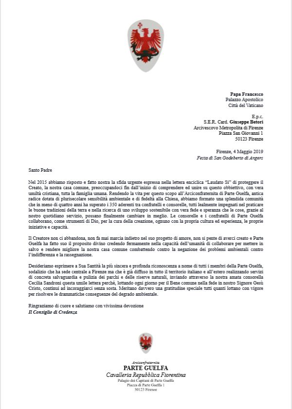 Parte Guelfa lettera a Papa Francesco 4 Maggio 2019